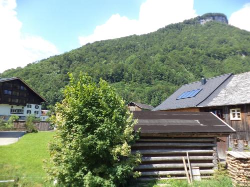 a house with a solar roof with a mountain in the background at Ferienhaus Schindeler in Mellau
