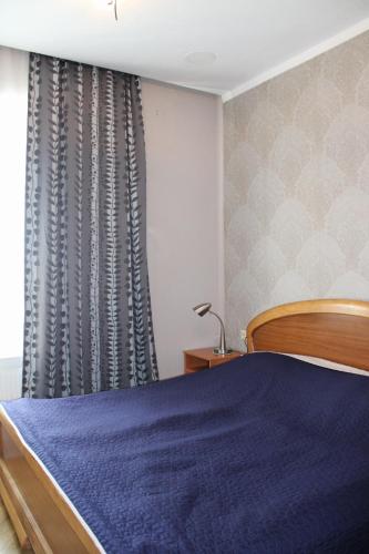 a bedroom with a blue bed and a window at Ann's Apartment in Tbilisi City