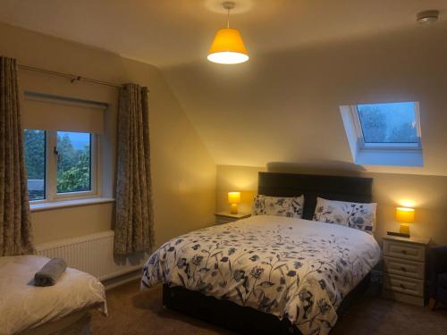 a bedroom with a bed and two windows at MapleHouse B&B in Drogheda