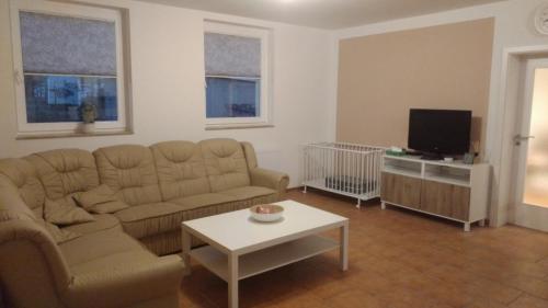 ein Wohnzimmer mit einem Sofa, einem Tisch und einem TV in der Unterkunft FeWo am Uenglinger Tor in Stendal