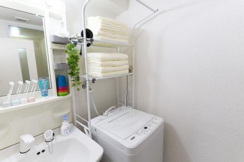 a bathroom with a sink and a toilet and a mirror at stay's ジローズ浄心 601号 名古屋 民泊 駅近 in Nagoya