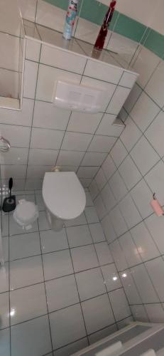 a white tiled bathroom with a toilet in it at Homestay Kuchařovice in Kuchařovice