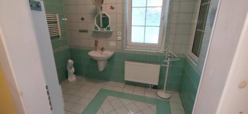 a green bathroom with a sink and a toilet at Homestay Kuchařovice in Kuchařovice