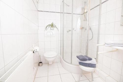 La salle de bains blanche est pourvue d'une douche et de toilettes. dans l'établissement M1 - Apartmenthaus Marienburger Str 4 - FERIENDOMIZIL HOLLICH, à Grömitz