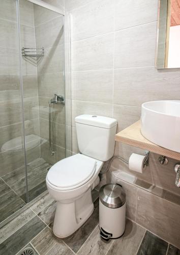 a bathroom with a toilet and a sink and a shower at Casa Elafonisi N2-10min from the beach in Plokamianá