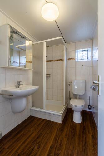 a bathroom with a sink and a toilet and a shower at Kleines Sommerhaus Schröder - Im Winkel 1b in Dahme