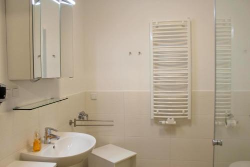 ein Bad mit einem Waschbecken, einem WC und einer Dusche in der Unterkunft Lachmöwe App 35 in Dierhagen