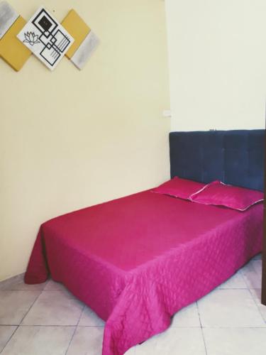 a pink bed with a black headboard in a room at Hospedaria São Benedito in Guararema