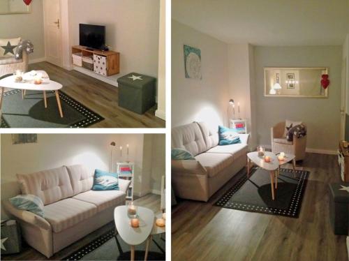 2 Bilder eines Wohnzimmers mit Sofa und Tisch in der Unterkunft Ohl Dörp 10 in Wrixum