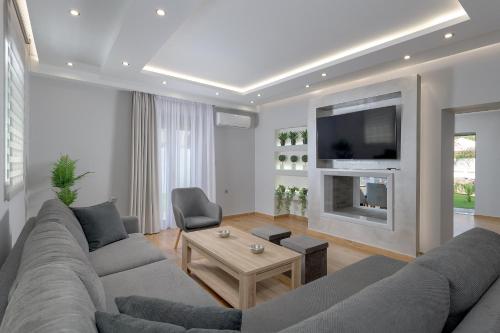 a living room with a gray couch and a tv at Villa Costa in Ixia