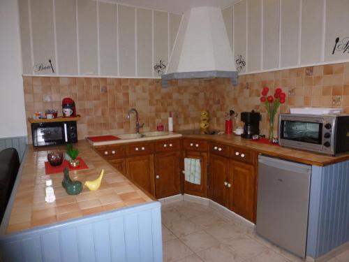 une cuisine avec des placards en bois et un comptoir avec un four micro-ondes dans l'établissement Le Chat Botté, à Perpignan