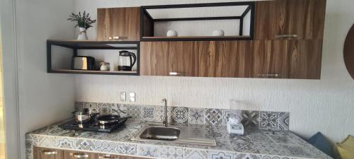 a kitchen counter with a sink and wooden cabinets at Moderno depa con terraza y vista extraordinaria in Manzanillo