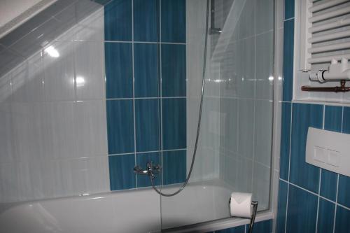 a bathroom with a bath tub with a shower at Ferienwohnung mit Balkon in Sehmatal
