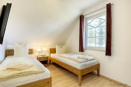 two beds in a room with a window at Dat Ferienhus Sophia in Zingst