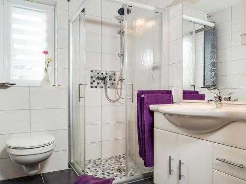 a bathroom with a toilet and a sink and a shower at Wiesenstraße 2 Whg 1 in Zingst