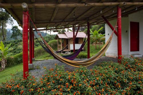 una hamaca colgada de un edificio en un jardín en Hacienda Venecia Hostel en Manizales