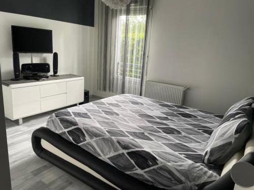 une chambre avec un grand lit et une télévision dans l'établissement Royal Standing- Terrasse & Parking Privé, à Évian-les-Bains