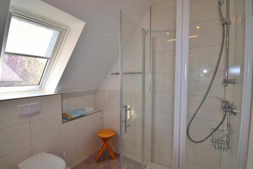 a bathroom with a shower with a glass door at Achter de Höf Whg 3 in Staberdorf