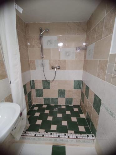 uma casa de banho com chuveiro e piso em xadrez em Cafe Nostalgie čtyřlůžkový apartmán em Krásná Lípa