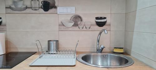 a kitchen sink with a strainer next to a sink at OLIVERA APARTMENT in Belgrade