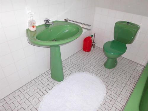 a bathroom with a green sink and a toilet at FeWo Vobbe in Dänischenhagen