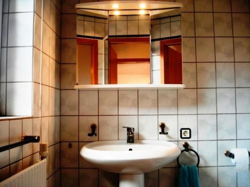 ein Bad mit einem Waschbecken und einem Spiegel in der Unterkunft Ferienwohnung Riek in Büdelsdorf
