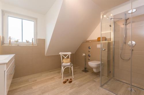 a bathroom with a shower and a toilet at Whg 06 - De Fischer un sin Fru in Zingst