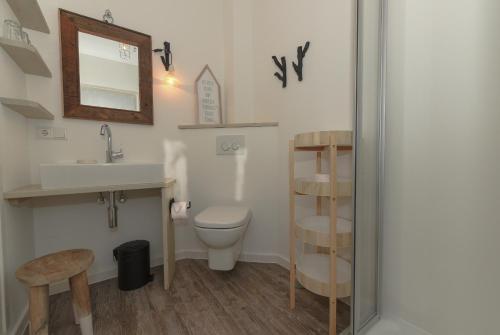 ein Badezimmer mit einem Waschbecken, einem WC und einem Spiegel in der Unterkunft Surfbude 01 in Utersum