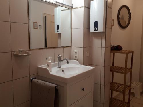 een badkamer met een wastafel en een spiegel bij Altes Winzerhaus in Traben-Trarbach