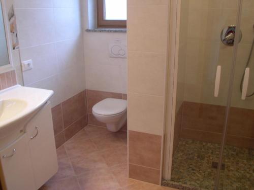 een badkamer met een toilet en een glazen douche bij Fewo Dreiraum im Haus Götsch 3 in Parcines