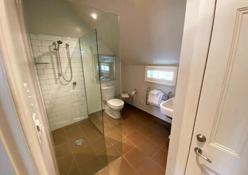 a bathroom with a shower and a toilet and a sink at Briarwood in Greytown