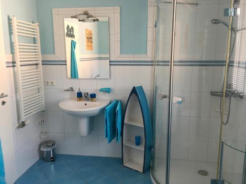 a bathroom with a sink and a shower at Wiesenstraße 40 in Zingst