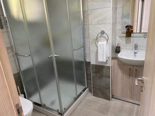 La salle de bains est pourvue d'une douche et d'un lavabo. dans l'établissement Modern City Center Apartment Saripolou 2, à Limassol