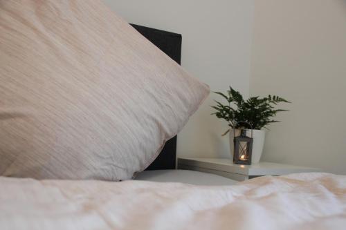 ein Kissen auf einem Bett mit Pflanze auf einem Nachttisch in der Unterkunft Casa Kronengarten Nr 12 in Hilden