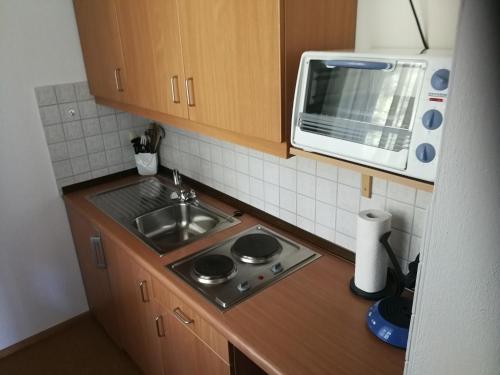 una pequeña cocina con fregadero y microondas en Blick zum Lallinger Winkel, en Langfurth 