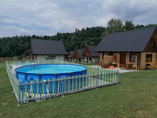 a pool in a yard next to some houses at Ośrodek Wypoczynkowy Osada Solina in Ustrzyki Dolne