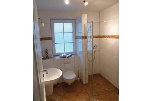 a bathroom with a toilet and a sink and a shower at Sonnenhus Zingst in Zingst