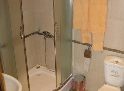 a bathroom with a shower and a toilet and a sink at The Castle Hotel in Samokov