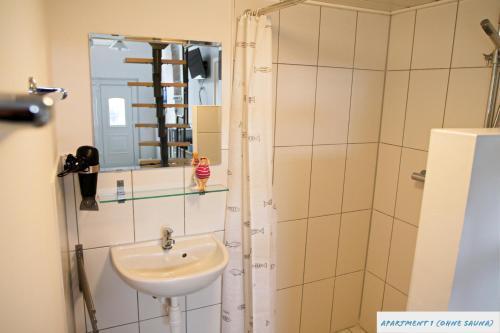 y baño con lavabo y espejo. en Tolles Studio Apartment in Tossens für junge Paare, en Tossens