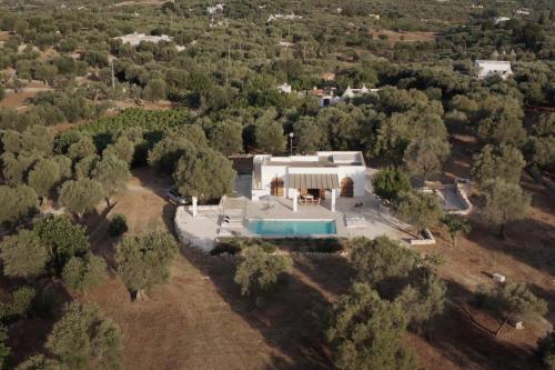 an overhead view of a large white house in the woods at Cisternino Villa in Olive Groove in Cisternino