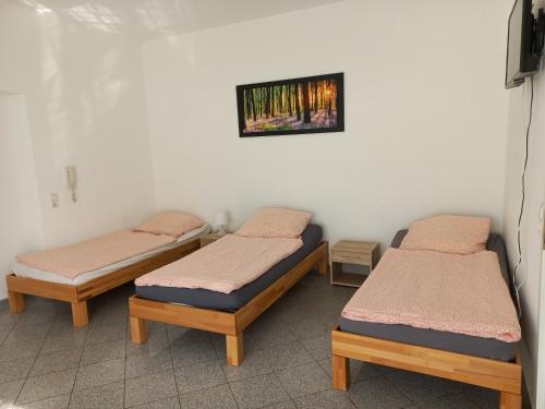 Habitación con 2 camas y una foto en la pared. en Muskat, en Hanhofen