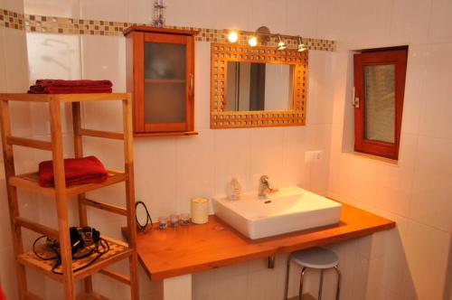 uma casa de banho com um lavatório e um espelho em Fischerhaus am Binnensee em Heiligenhafen