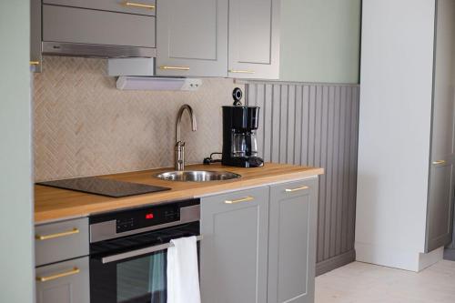 a kitchen with a sink and a counter top at Krepelin Apartments in Kristiinankaupunki