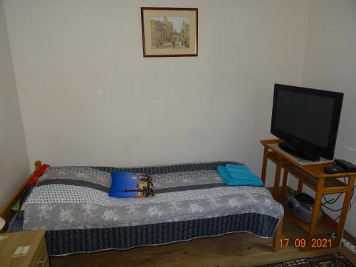 a bedroom with a bed and a flat screen tv at Pokoje do wynajęcia w centrum Białegostoku in Białystok