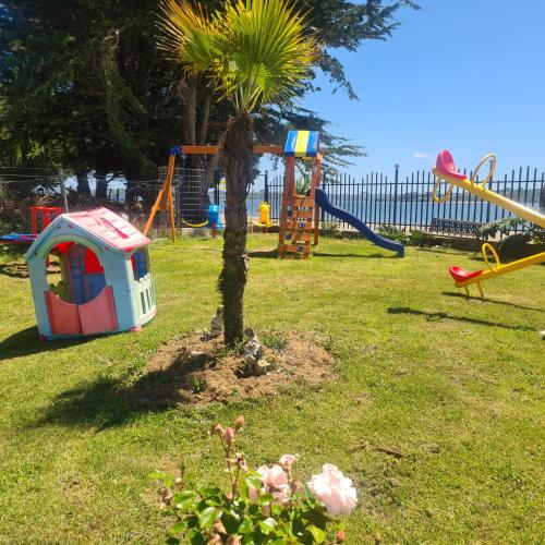 a park with a palm tree and playground equipment at Cabañas Kompatzki in Ancud