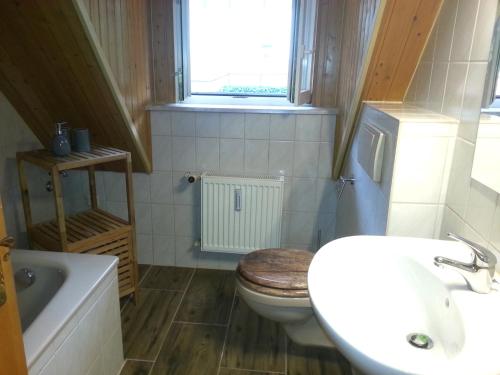 a bathroom with a sink and a toilet and a window at Ferienwohnung am neuen Thore III in Blankenburg