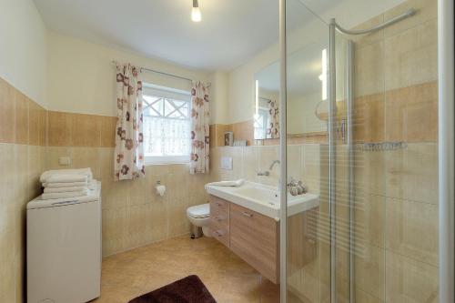 a bathroom with a toilet and a sink and a shower at Villa Sola Bona, FW 6 in Zingst