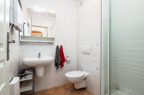 La salle de bains est pourvue de toilettes, d'un lavabo et d'une douche. dans l'établissement Ostsee-Schwänchen I, à Gollwitz