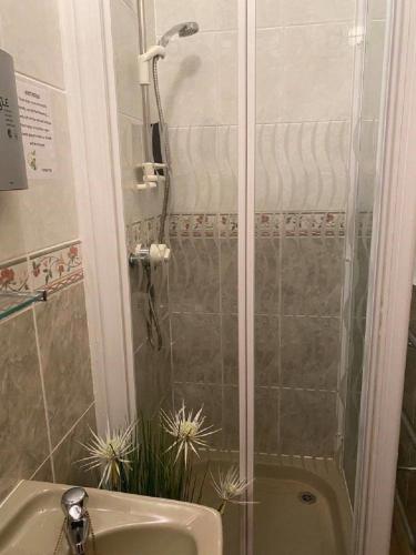 a shower with a glass door next to a sink at Burlington Hotel in Sandown