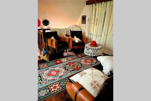 ein Wohnzimmer mit einem Sofa und einem Teppich in der Unterkunft Cabana Don Nello in Rucăreni